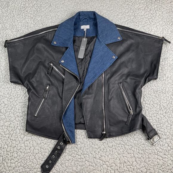 Tractr Jackets & Blazers - TRACTR Leather Denim Contrasting Moto Jacket Womens XL Short Sleeve Zip Biker